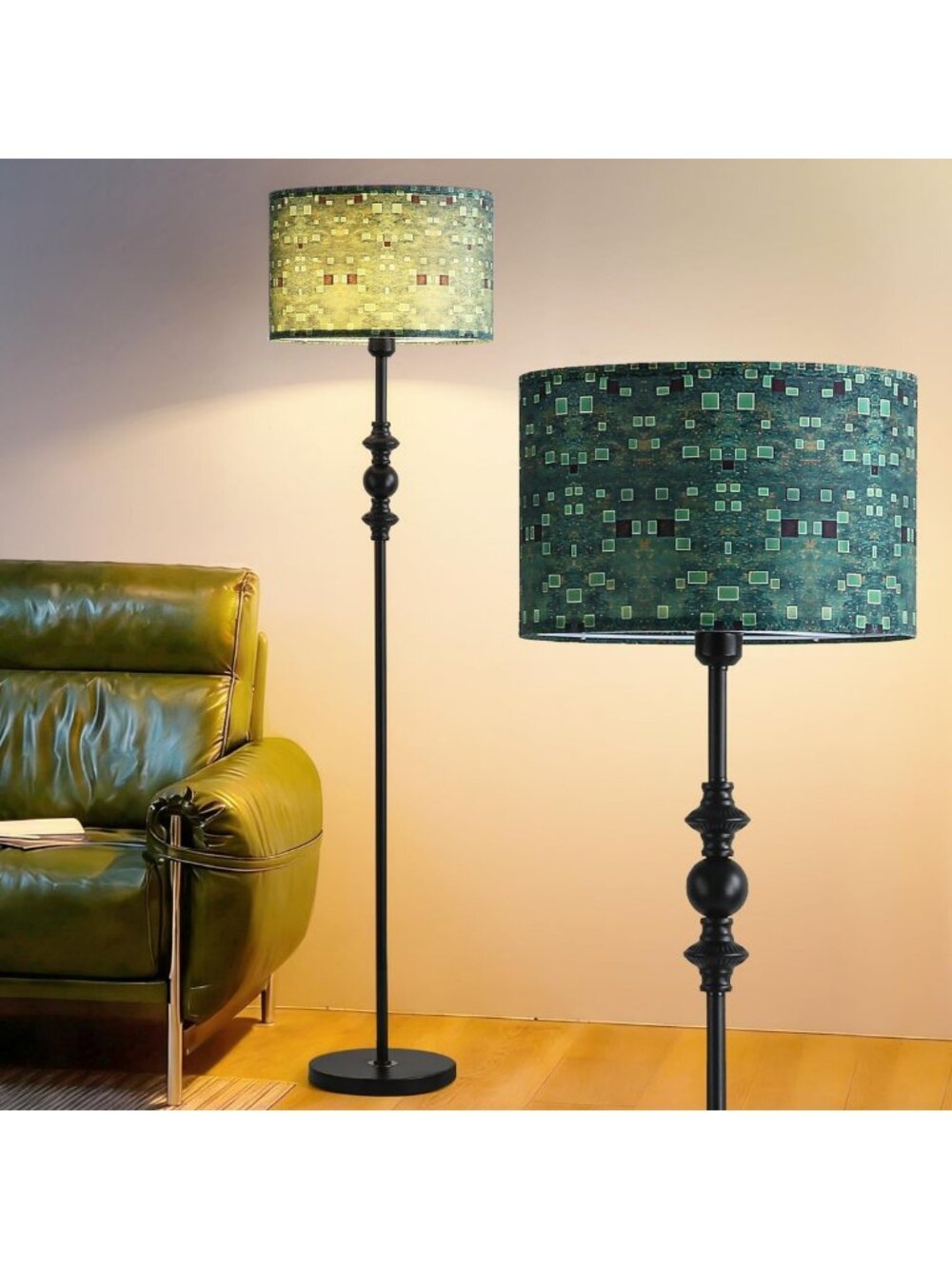 Vintage 63” Tall Green Print Floor Lamp - Mid Century Modern Lighting for Living